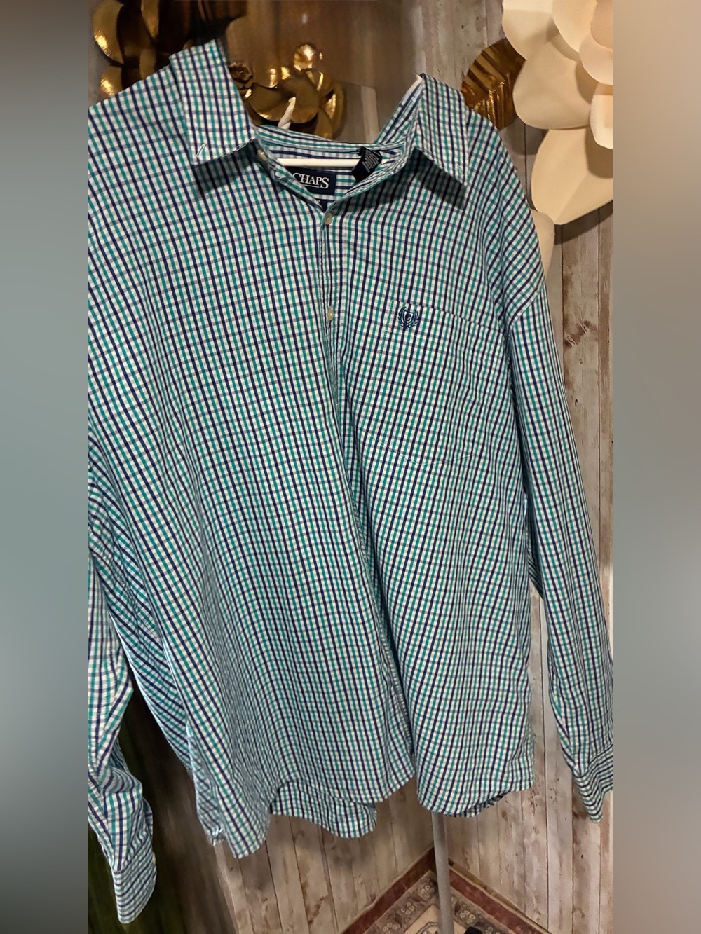 Chaps Men's Blue and Green Windowpane Button-Down Shirt